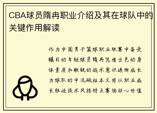 CBA球员隋冉职业介绍及其在球队中的关键作用解读