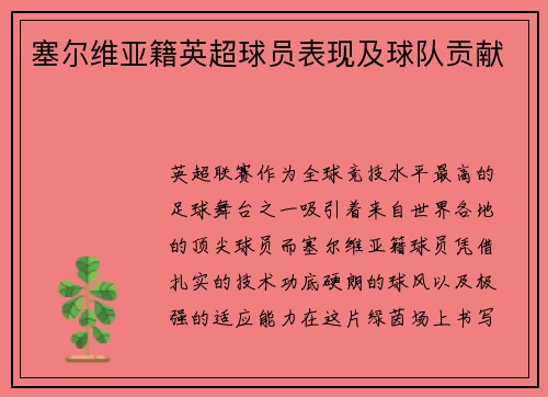塞尔维亚籍英超球员表现及球队贡献